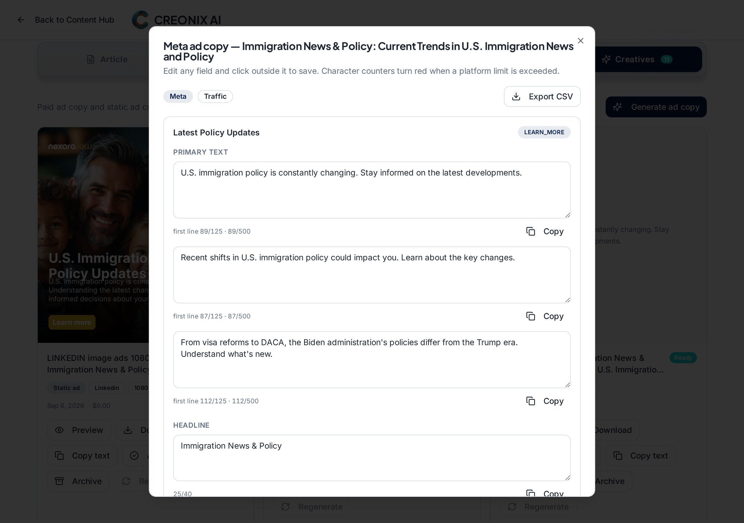Ad copy viewer showing headline and primary text variants per platform