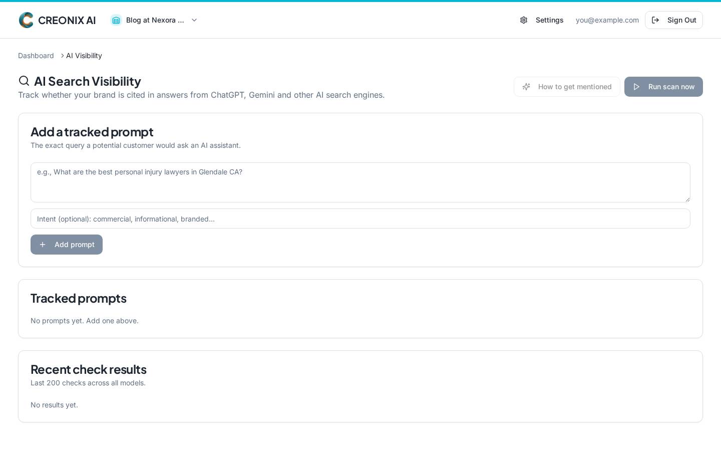 AI Search Visibility dashboard showing brand mention scores per prompt