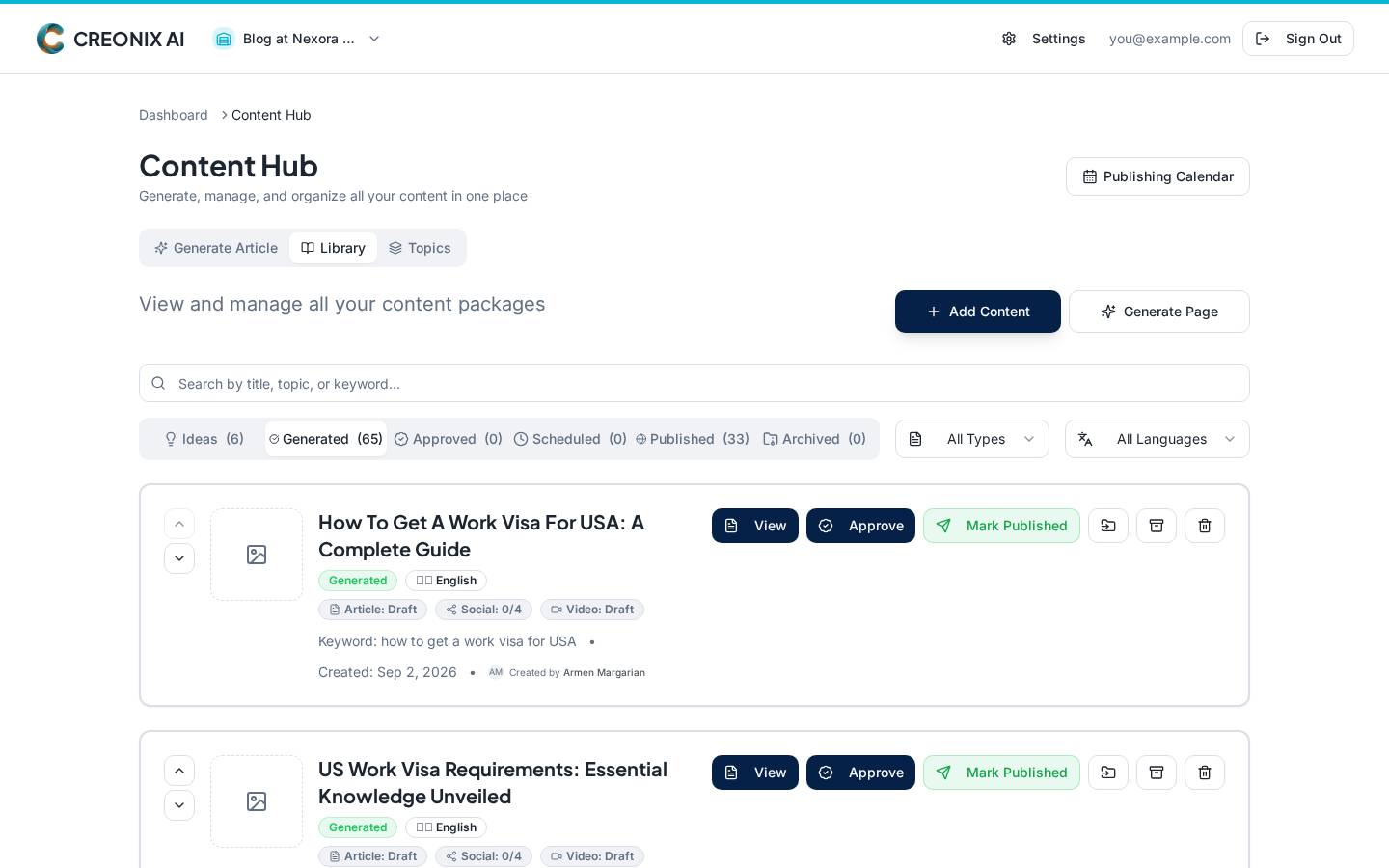 Article generation form with keyword, focus and language fields