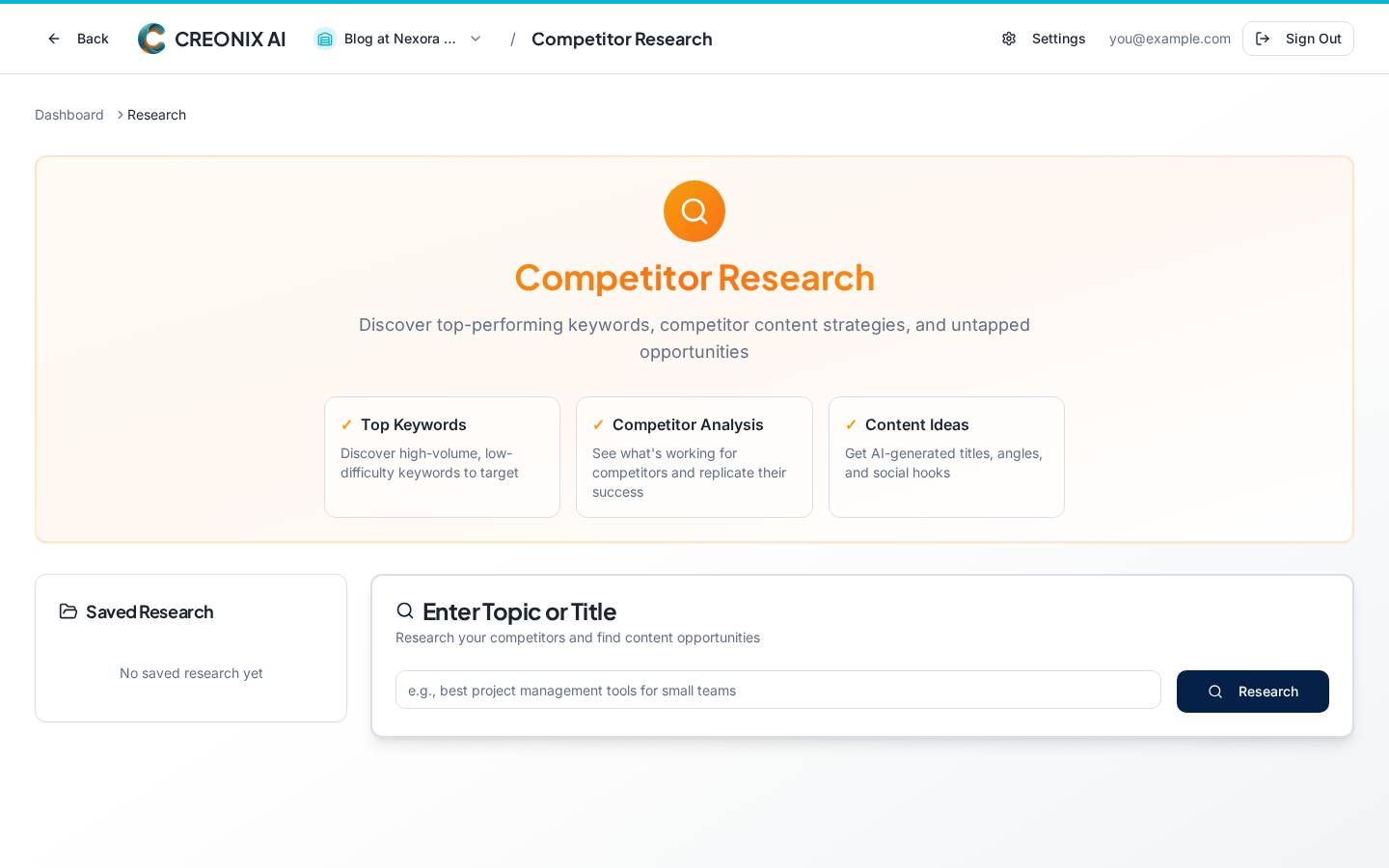 Competitor research results showing top keywords and pages for a domain