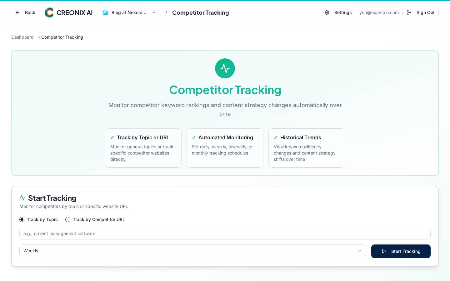 Competitor tracking watchlist with tracked domains and last scan dates
