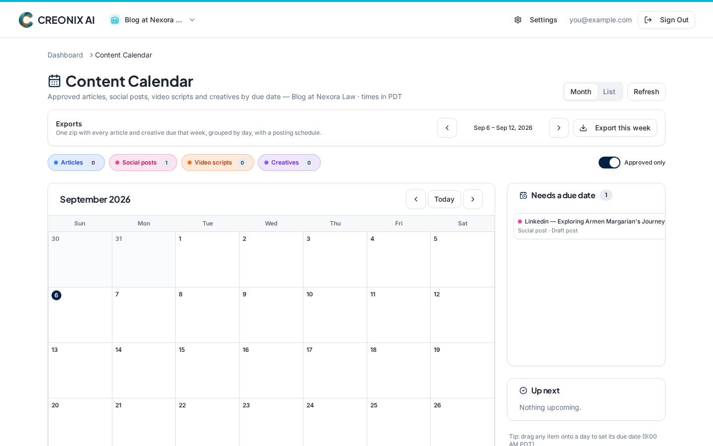 Content calendar month view with articles, social posts and videos