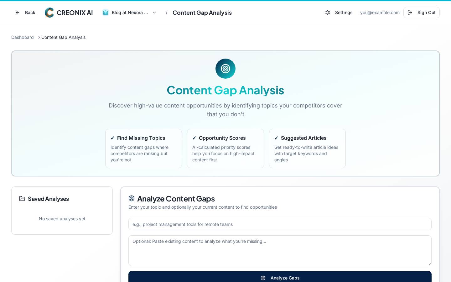 Content gap analysis table with opportunity-scored missing keywords