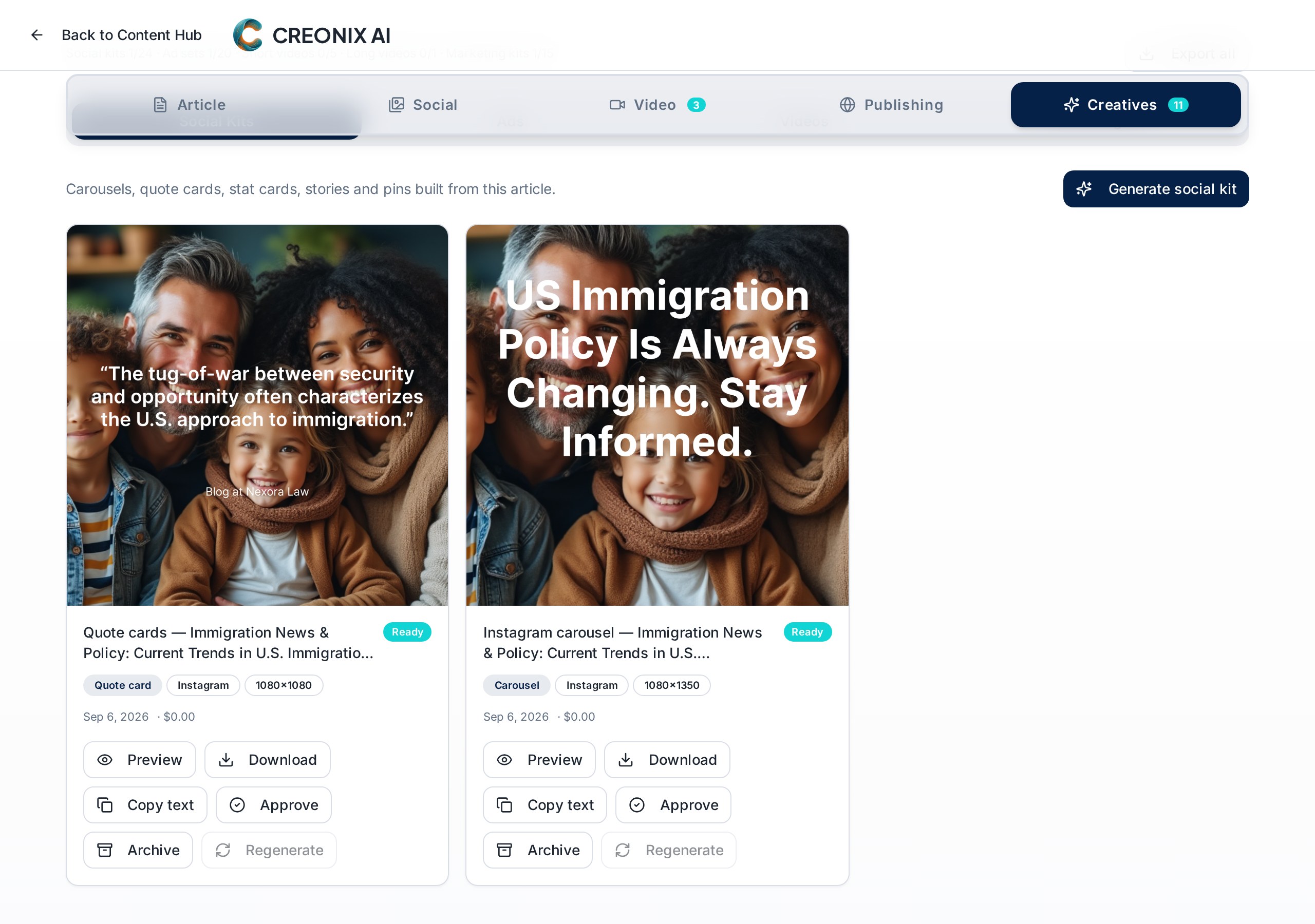 Creatives tab on a content package showing generated social kits
