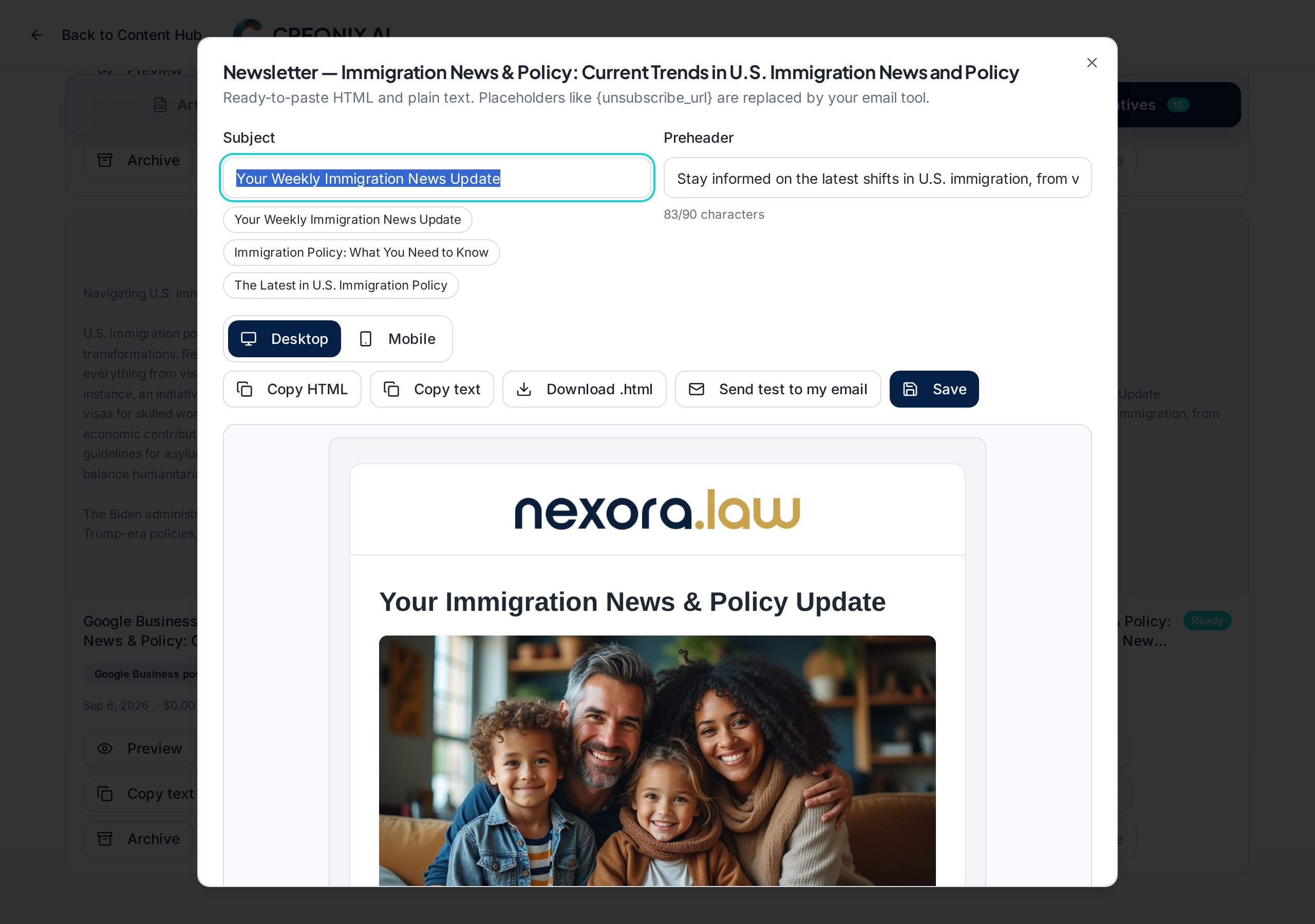 Generated newsletter preview with subject line and body