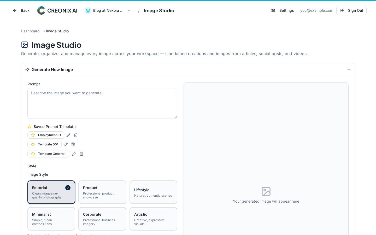 Image Studio gallery with generated images and the unused-only filter
