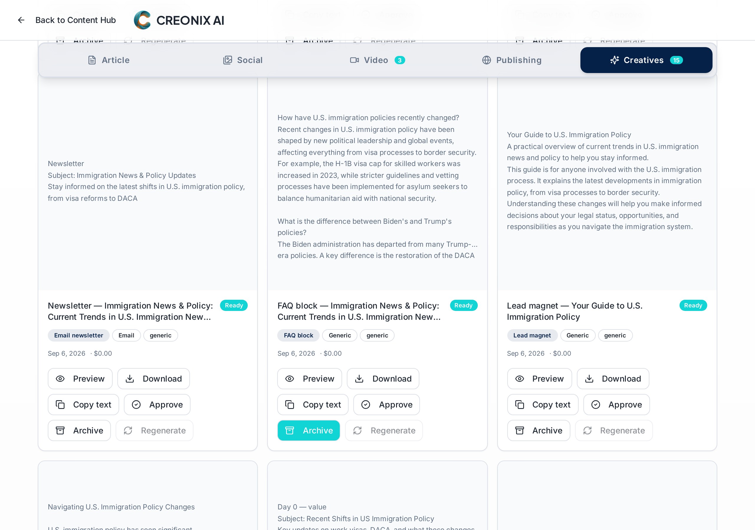 Generated marketing kit assets shown on the Creatives tab