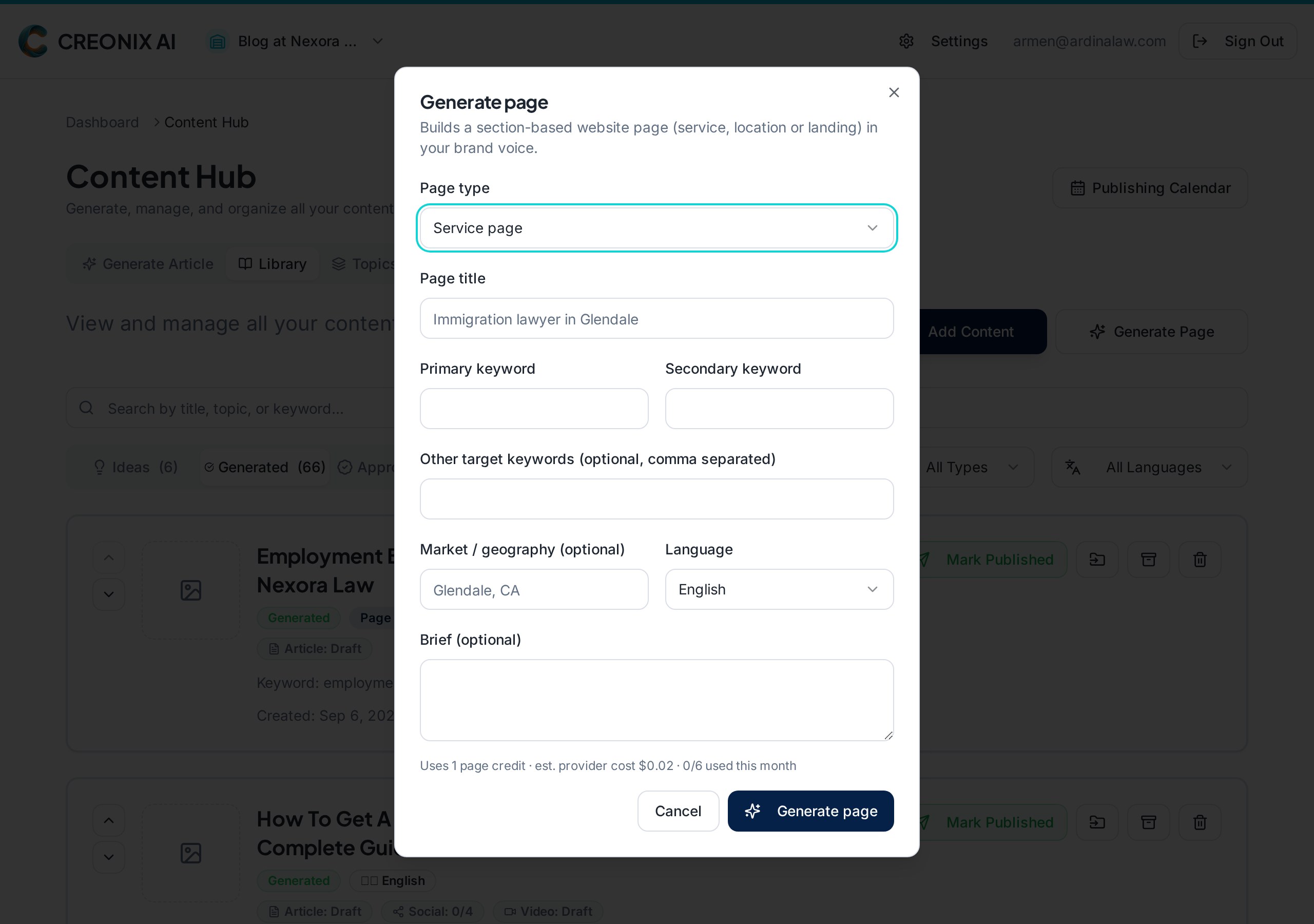 Page generation dialog with page type and section options