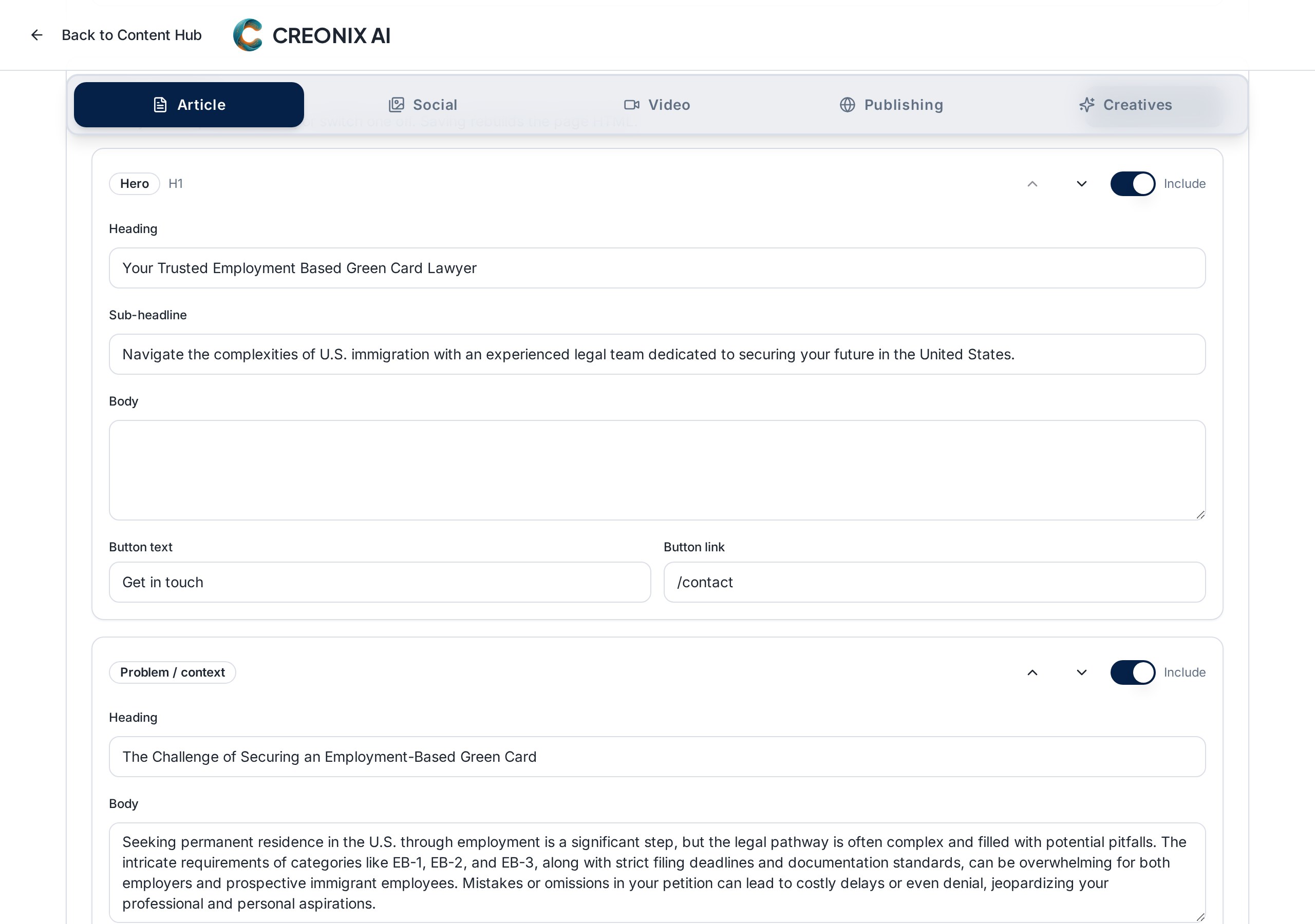 Page sections editor showing individually editable blocks