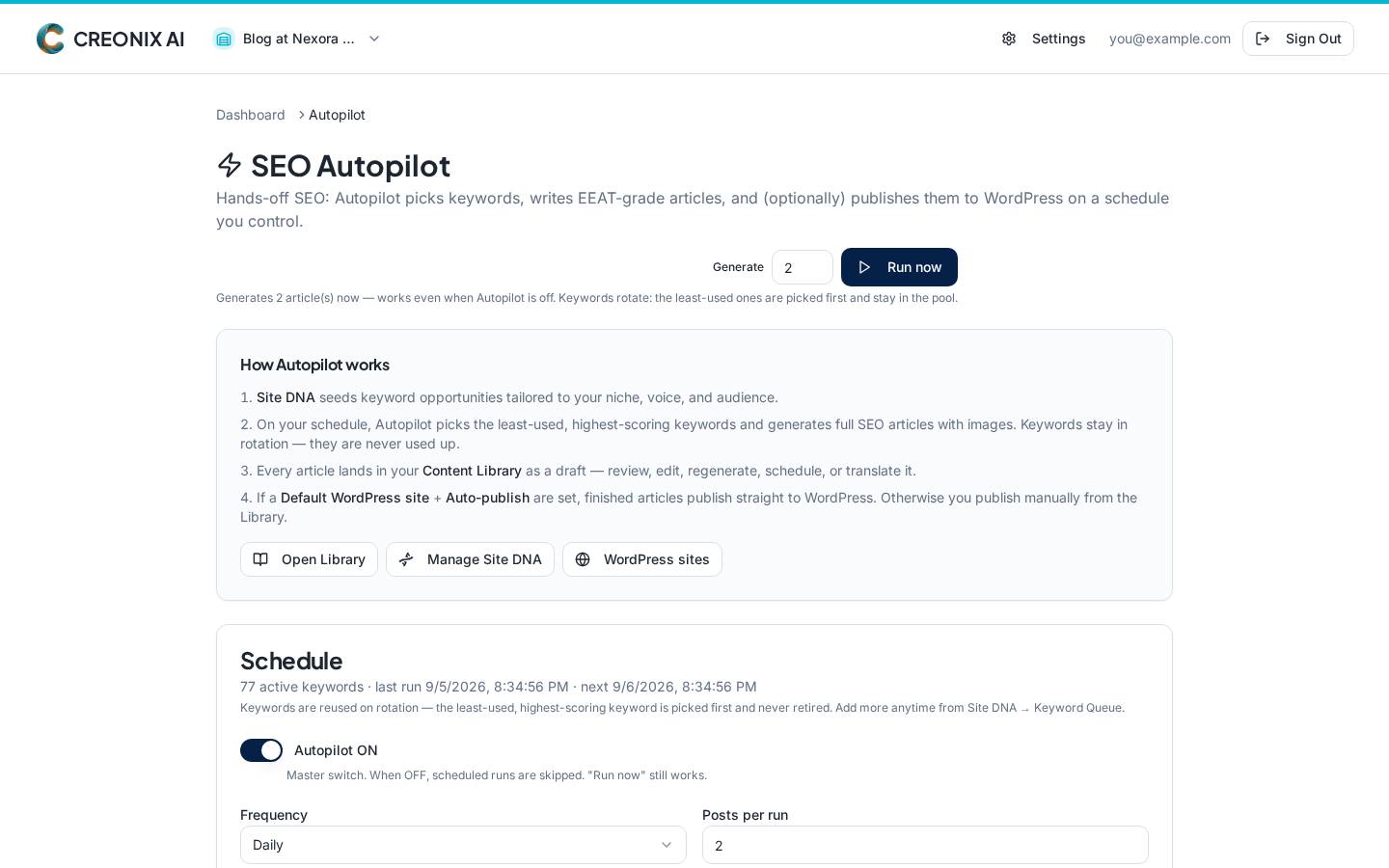 SEO Autopilot settings showing cadence, articles per run and publishing target