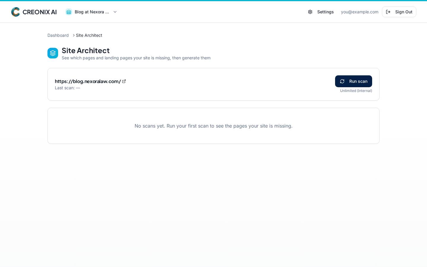 Site Architect scan results listing prioritised page recommendations