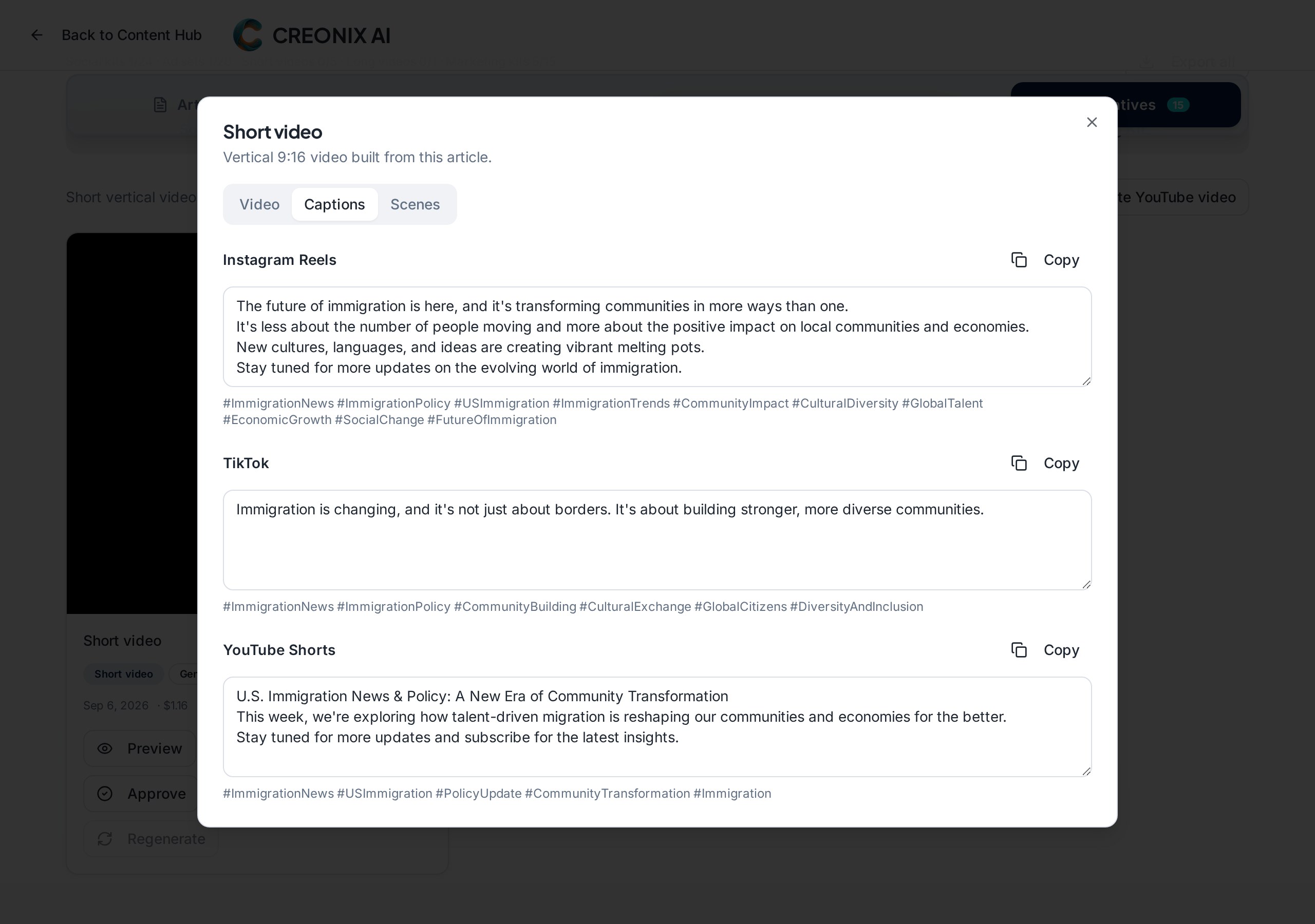 Short video viewer showing platform-ready captions and hashtags