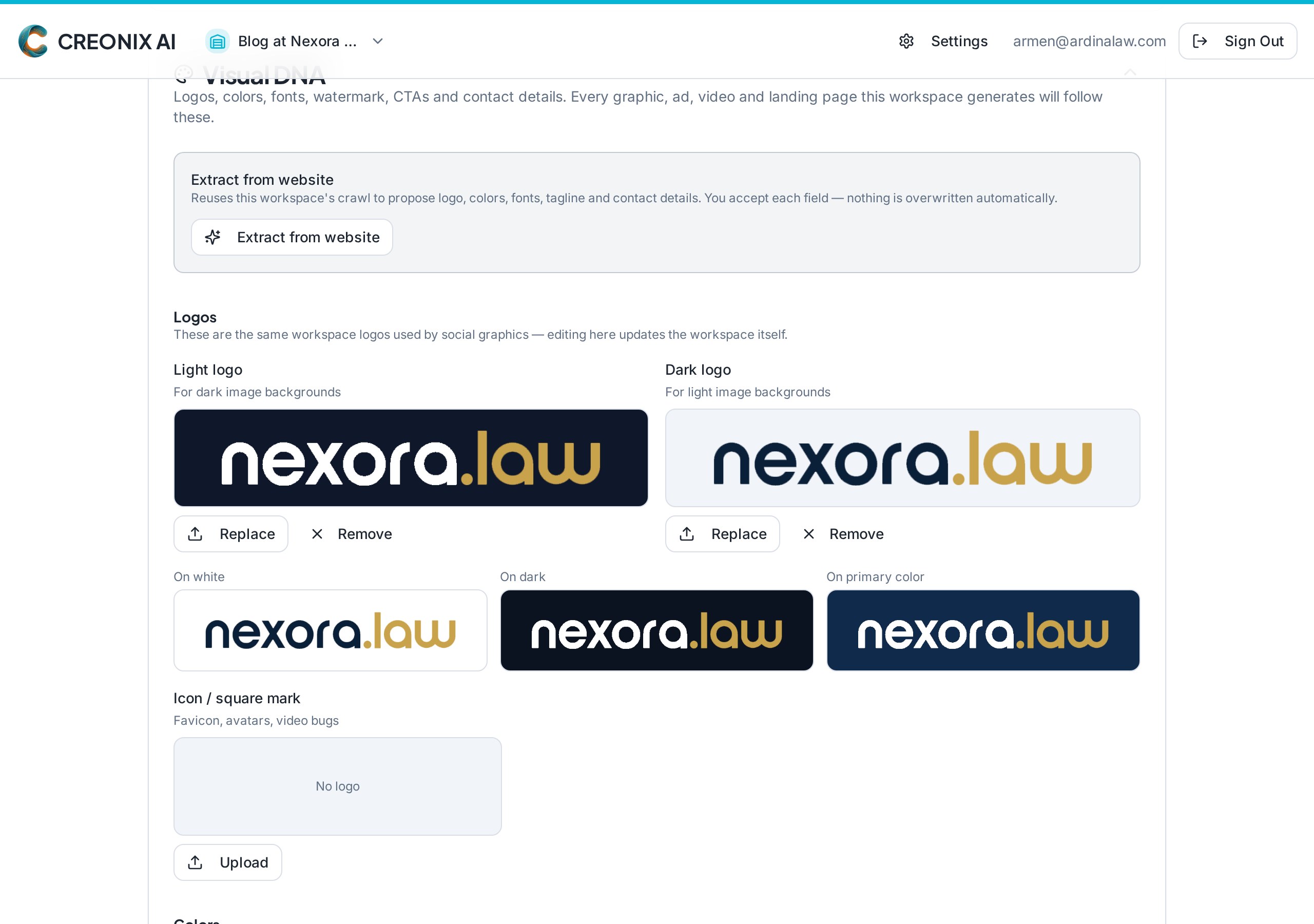 Visual DNA editor showing brand colours, fonts and logo placement